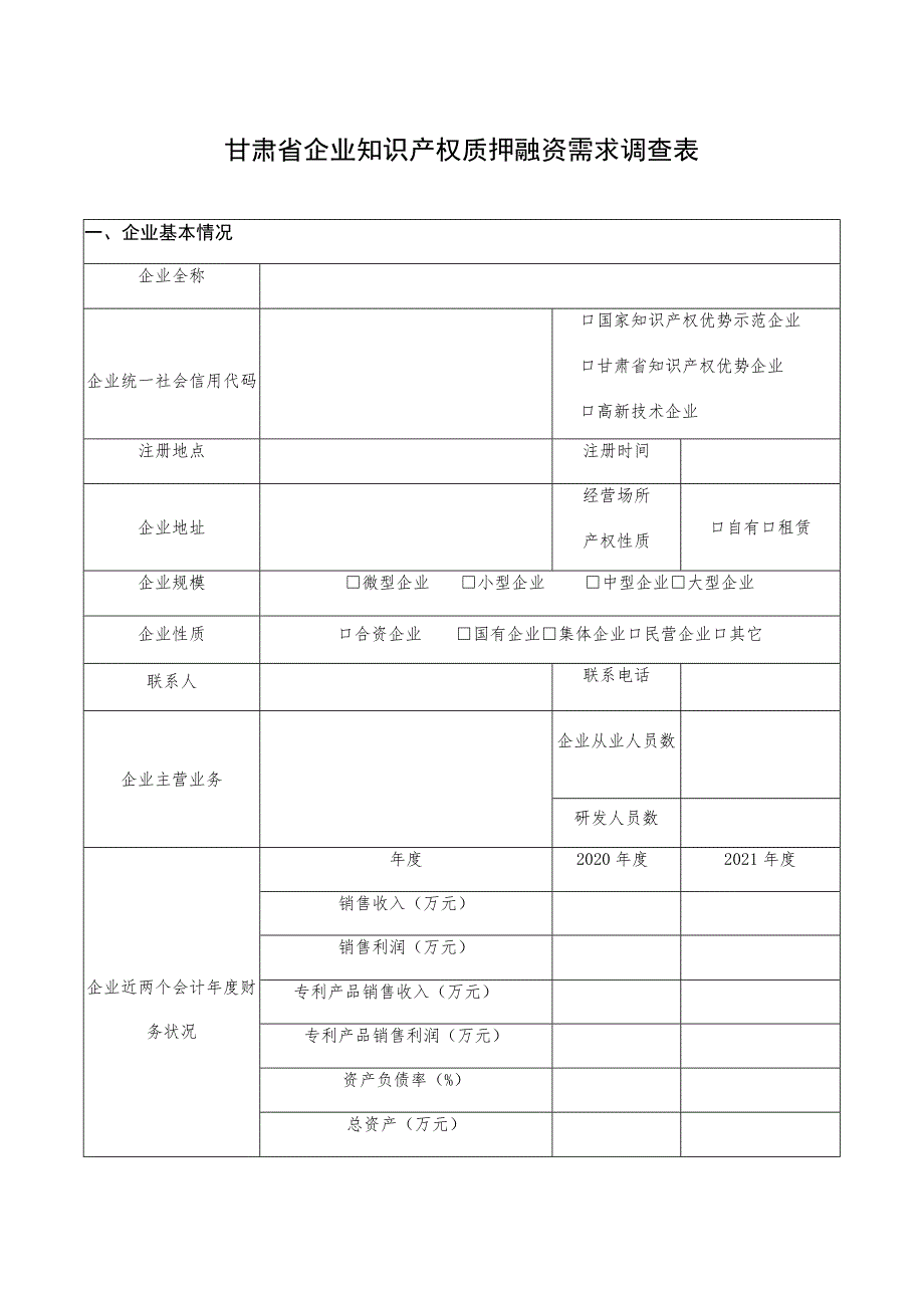 甘肃省企业知识产权质押融资需求调查表.docx_第1页