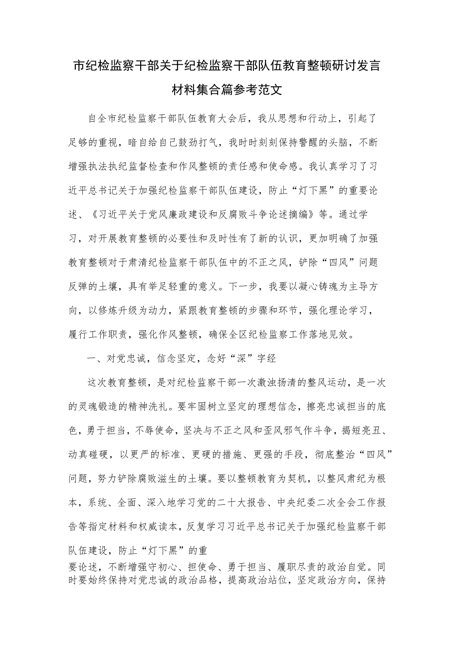 市纪检监察干部关于纪检监察干部队伍教育整顿研讨发言材料集合篇参考范文.docx_第1页