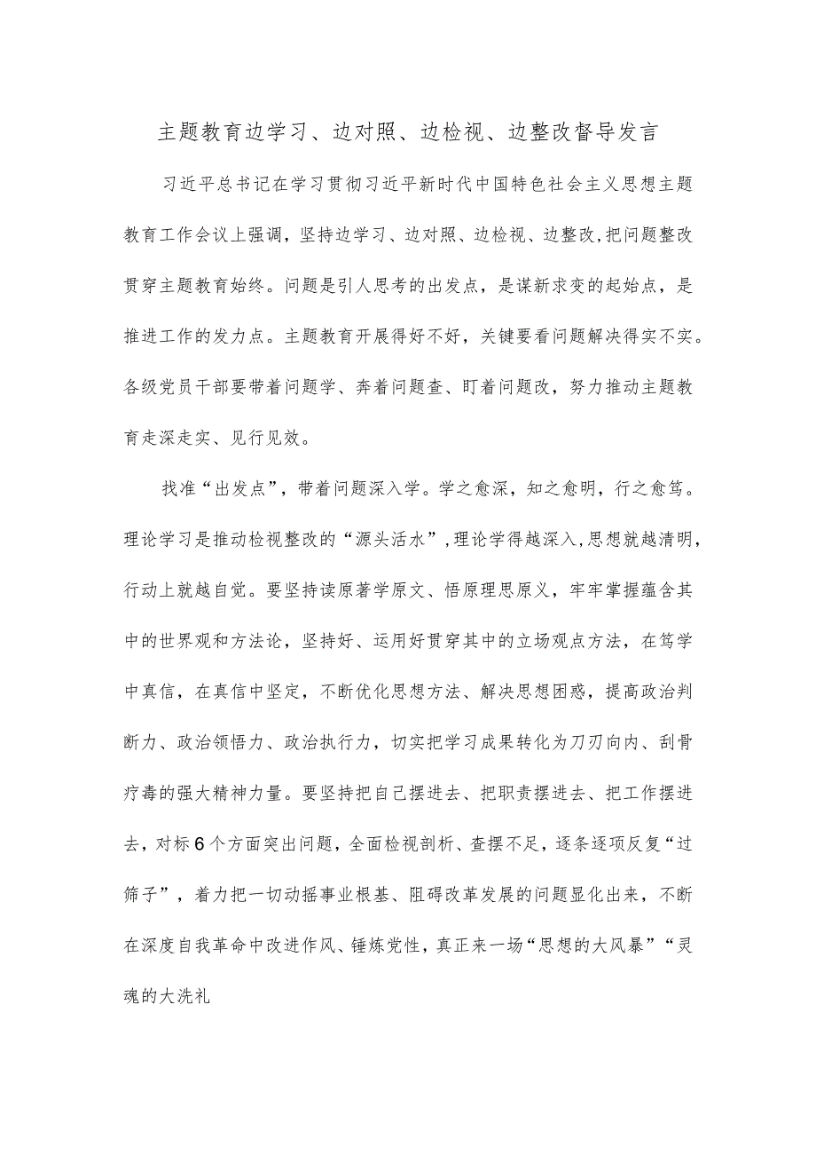 主题教育边学习、边对照、边检视、边整改督导发言.docx_第1页