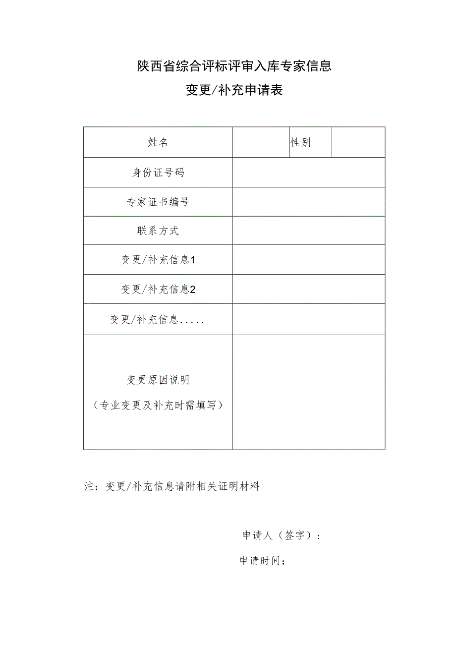 陕西省综合评标评审入库专家信息变更或补充申请表.docx_第1页