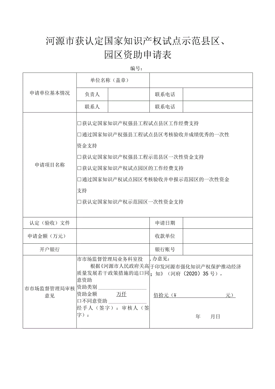 河源市获认定国家知识产权试点示范县区、园区资助申请表.docx_第1页