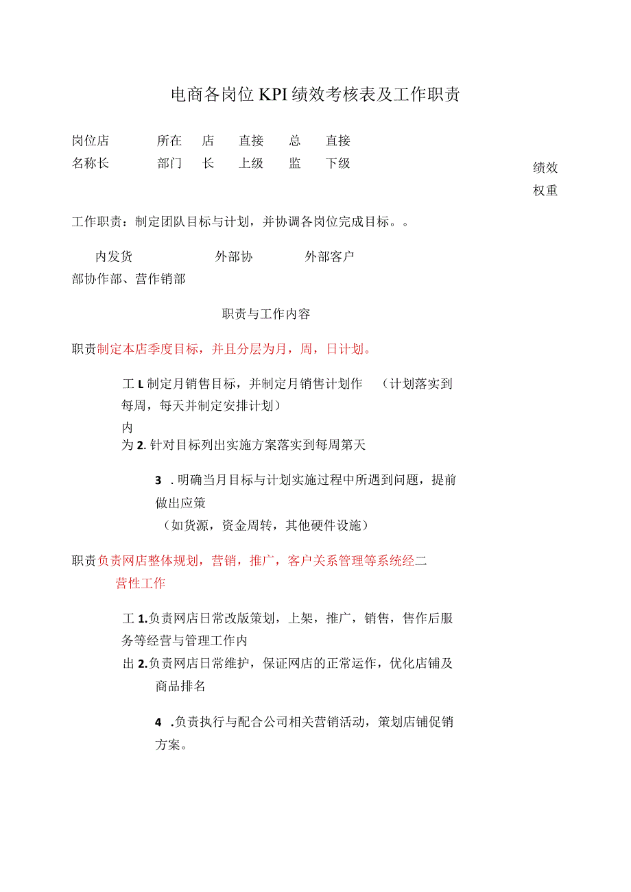 电商各岗位KPI绩效考核表及工作职责.docx_第1页