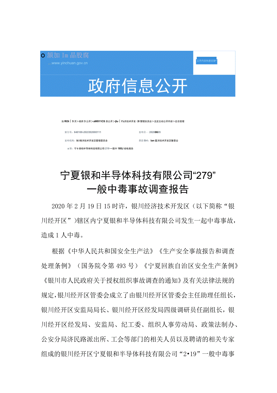 宁夏银和半导体科技有限公司“219” 一般中毒事故调查报告.docx_第1页