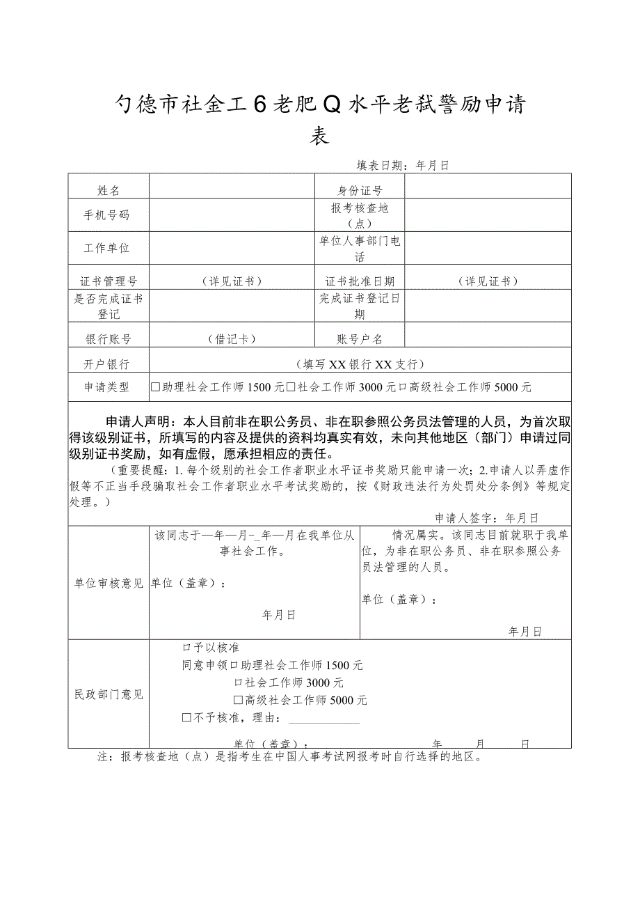 宁波市社会工作者职业水平考试奖励申请表.docx_第1页