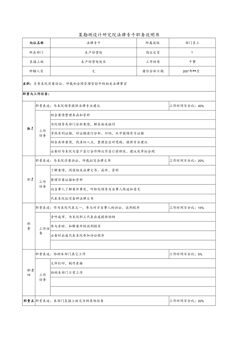 2023年整理-某勘测设计研究院法律专干职务说明书.docx_第1页