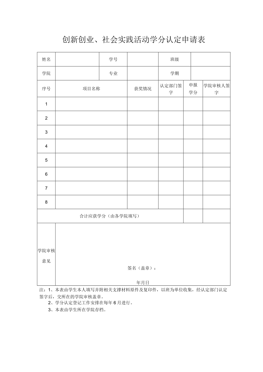 创新创业、社会实践活动学分认定申请表.docx_第1页