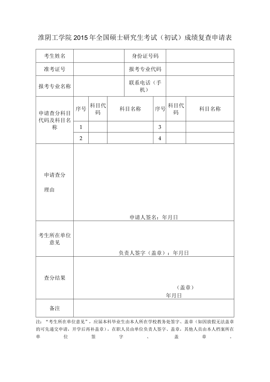 淮阴工学院2015年全国硕士研究生考试初试成绩复查申请表.docx_第1页