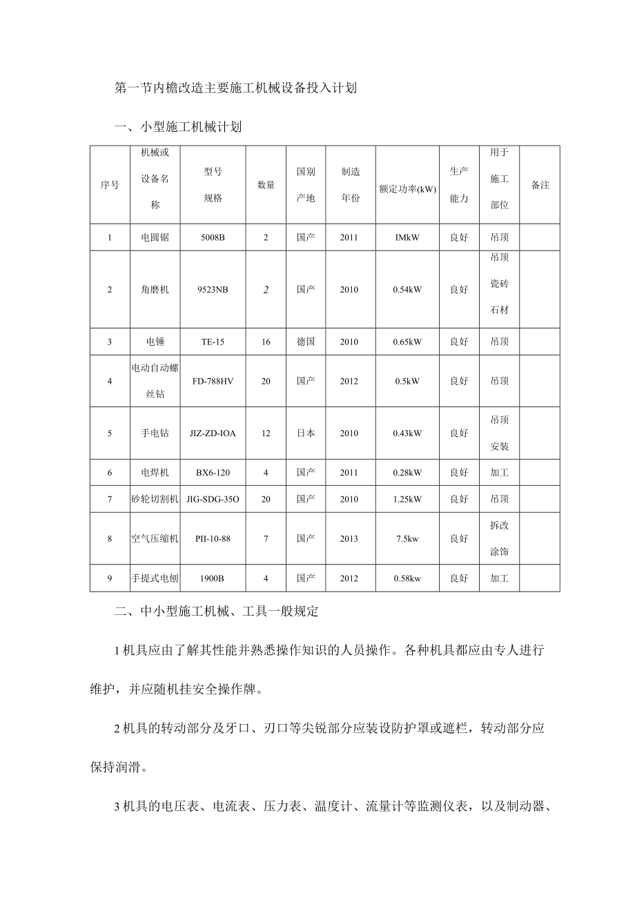 内檐改造主要施工机械设备投入计划.docx_第1页