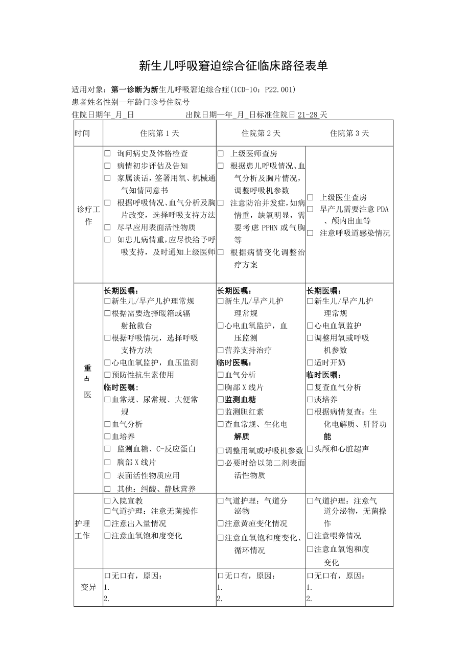 新生儿呼吸窘迫综合征临床路径表单.docx_第1页