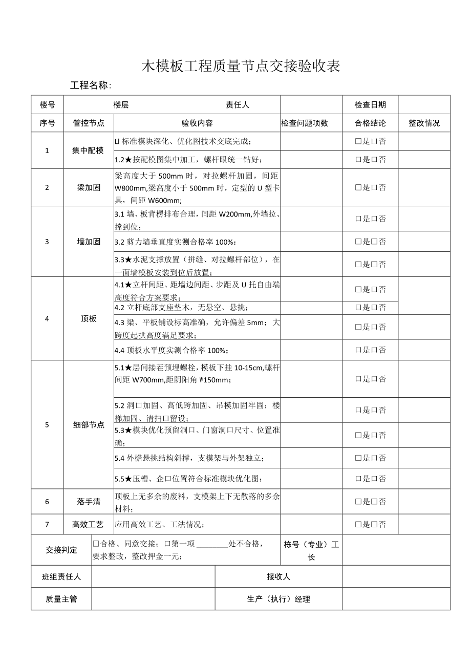 木模板工程质量节点交接验收表.docx_第1页