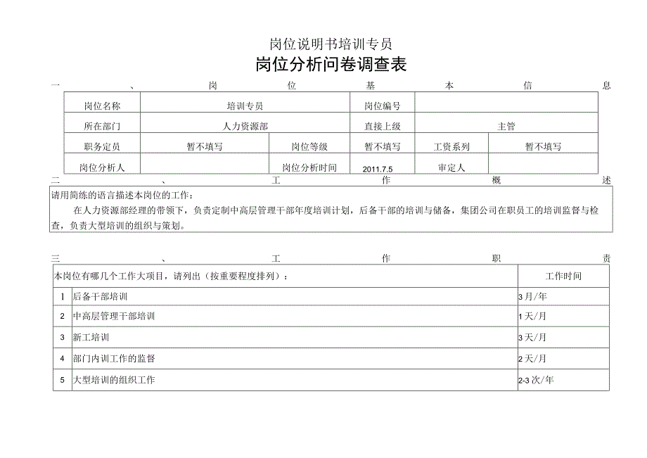 岗位说明书培训专员.docx_第1页