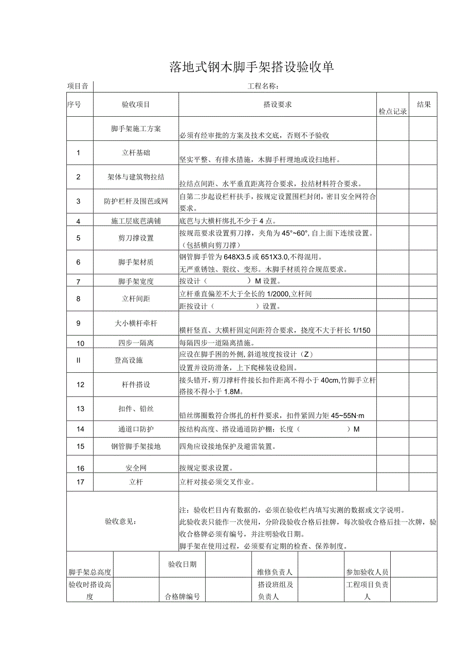 落地式钢木脚手架搭设验收单.docx_第1页