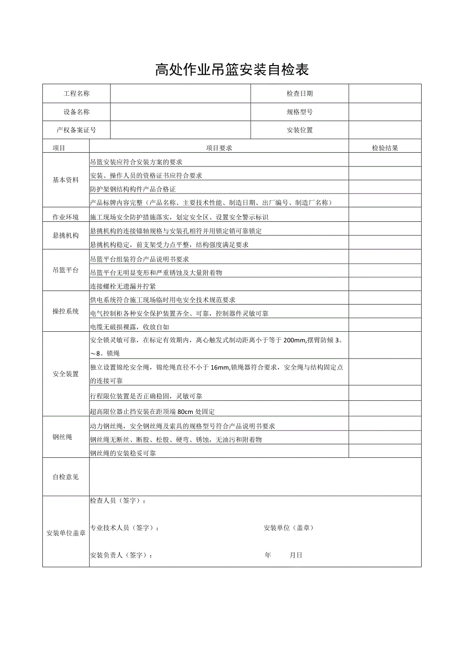 高处作业吊篮安装自检表.docx_第1页