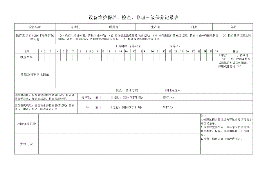 设备维护、检查、修理三级保养记录表.docx_第1页