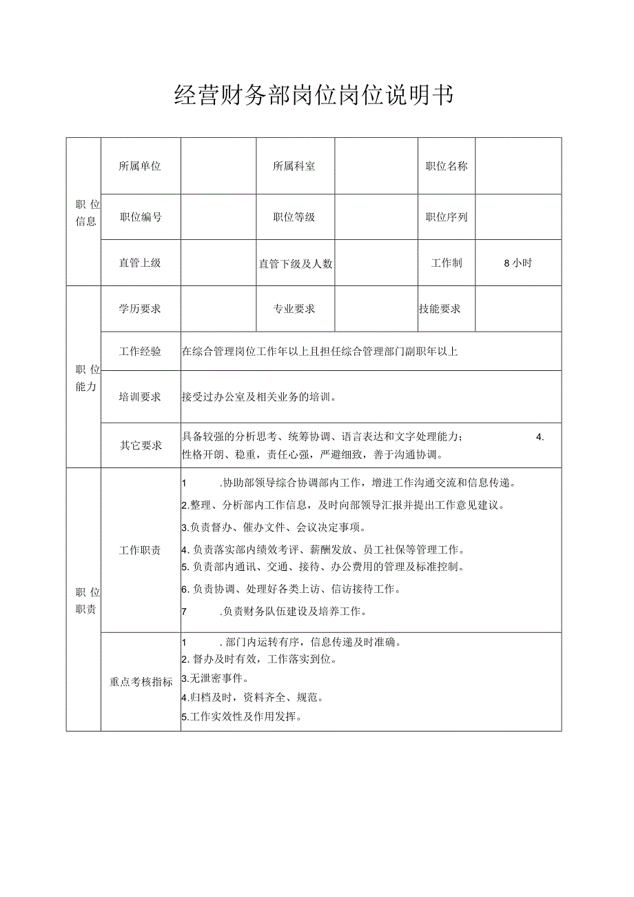 经营财务部岗位岗位说明书.docx_第1页