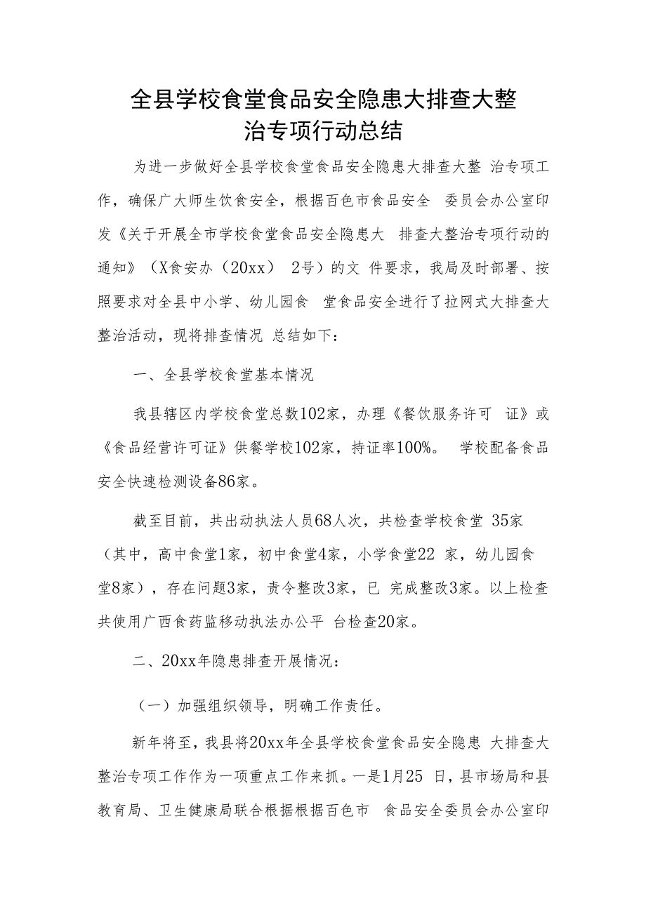 全县学校食堂食品安全隐患大排查大整治专项行动总结.docx_第1页