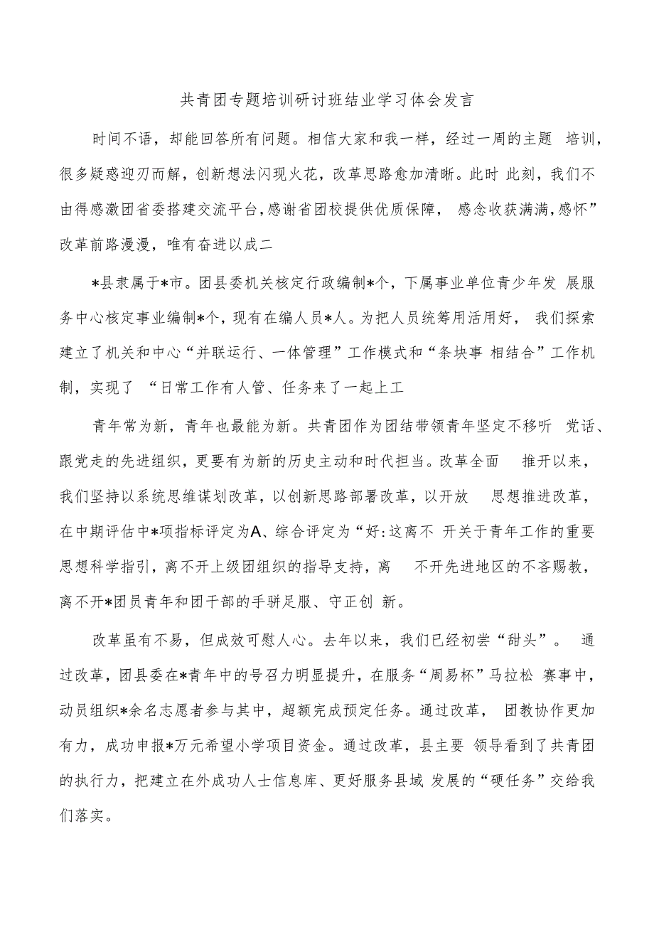 共青团专题培训研讨班结业学习体会发言.docx_第1页