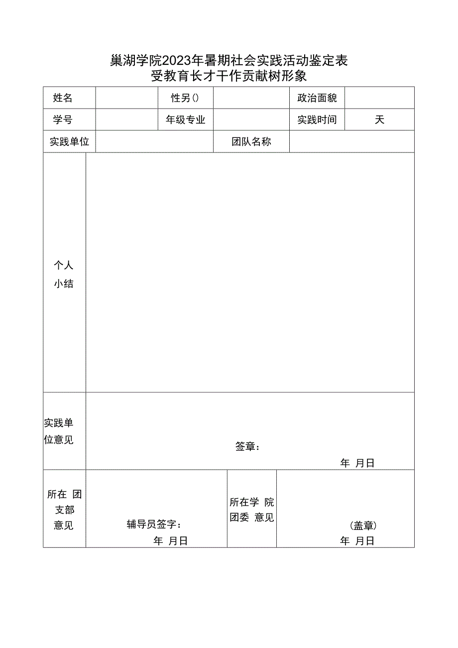 巢湖学院2023年暑期社会实践活动鉴定表.docx_第1页