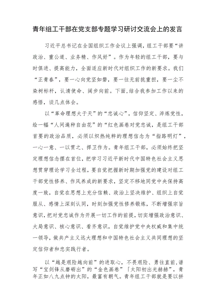 青年组工干部在党支部专题学习研讨交流会上的发言和机关组工干部微党课讲稿.docx_第2页