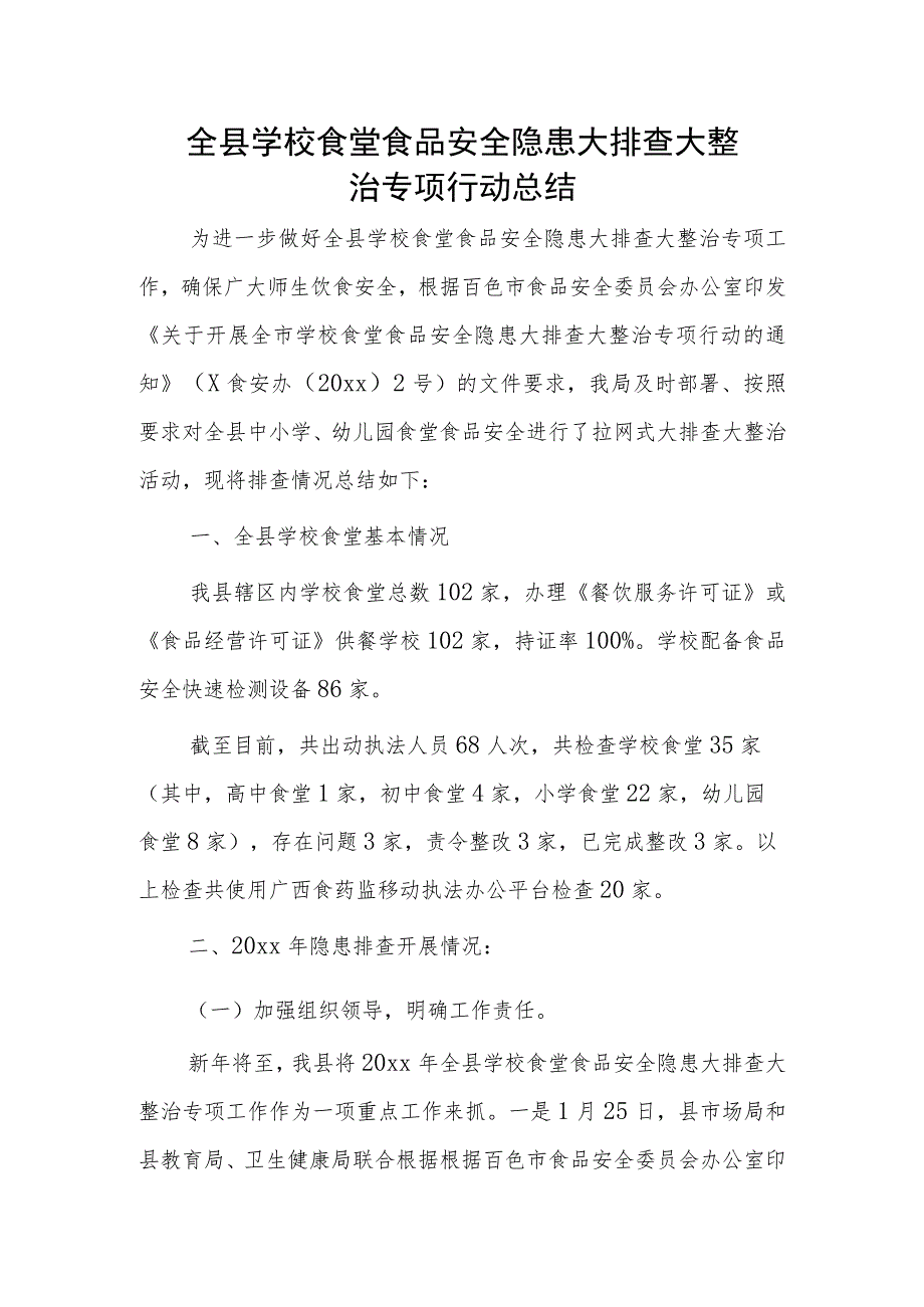 全县学校食堂食品安全隐患大排查大整治专项行动总结.docx_第1页