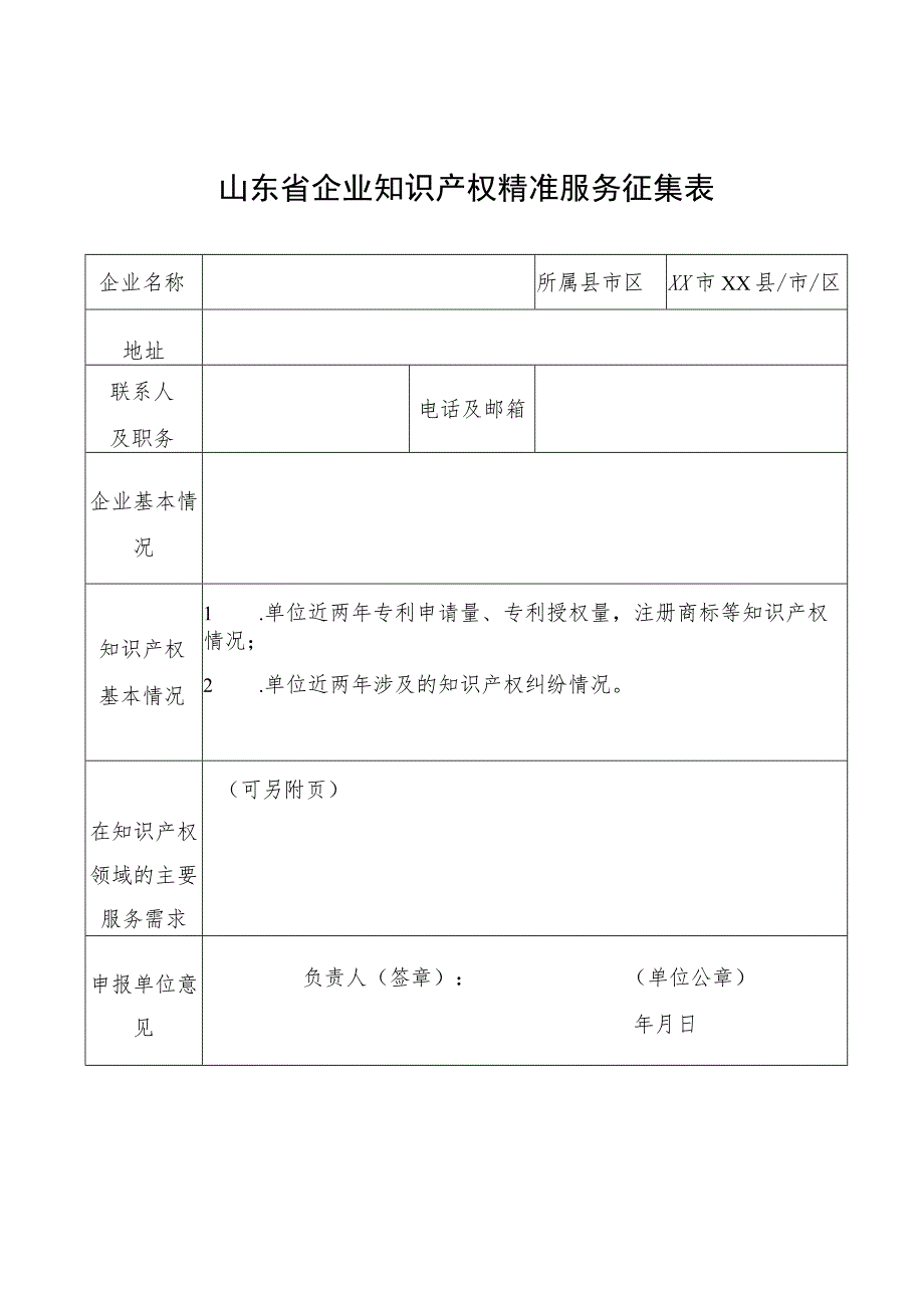 山东省企业知识产权精准服务征集表.docx_第1页