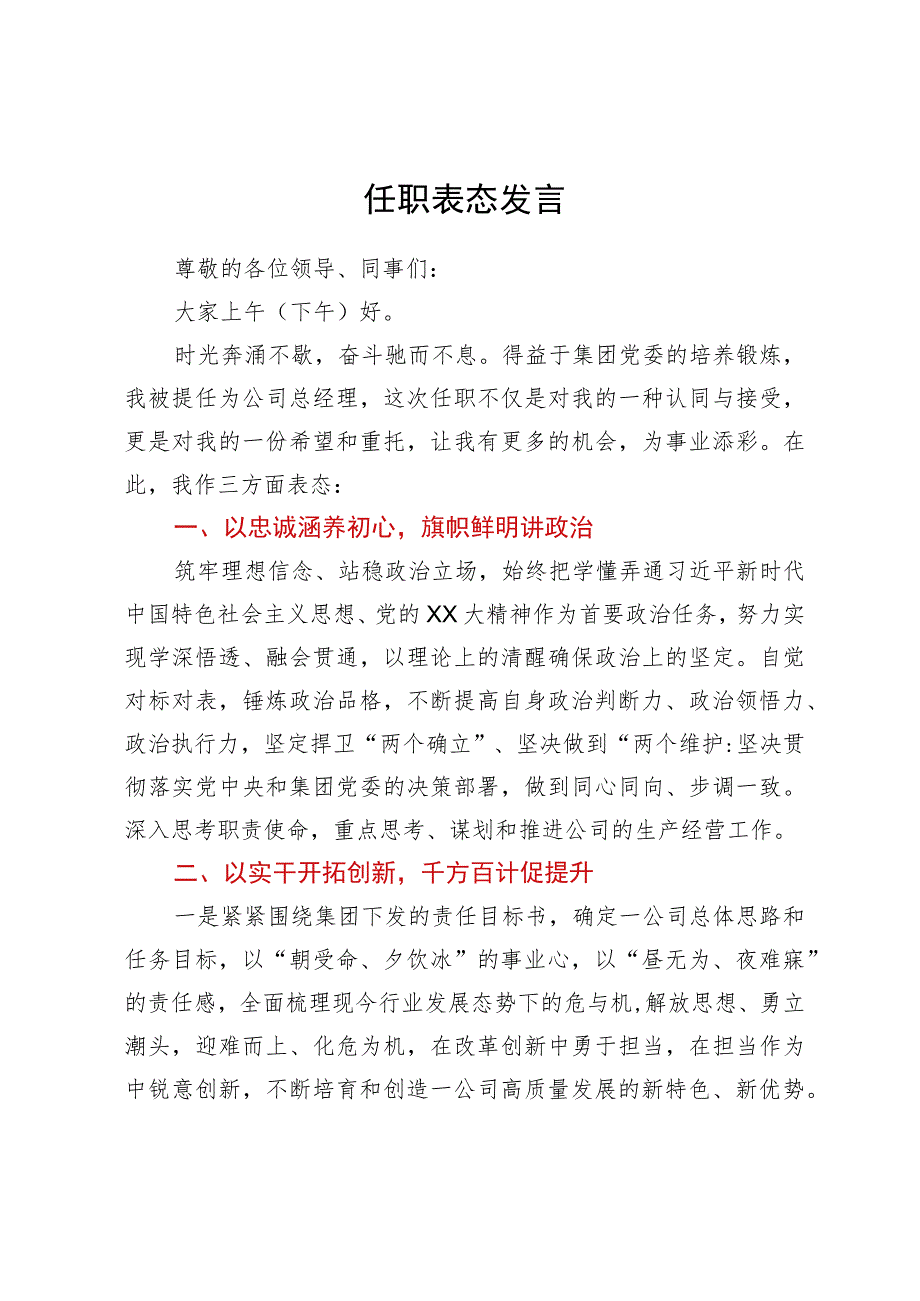 公司总经理任职表态发言.docx_第1页