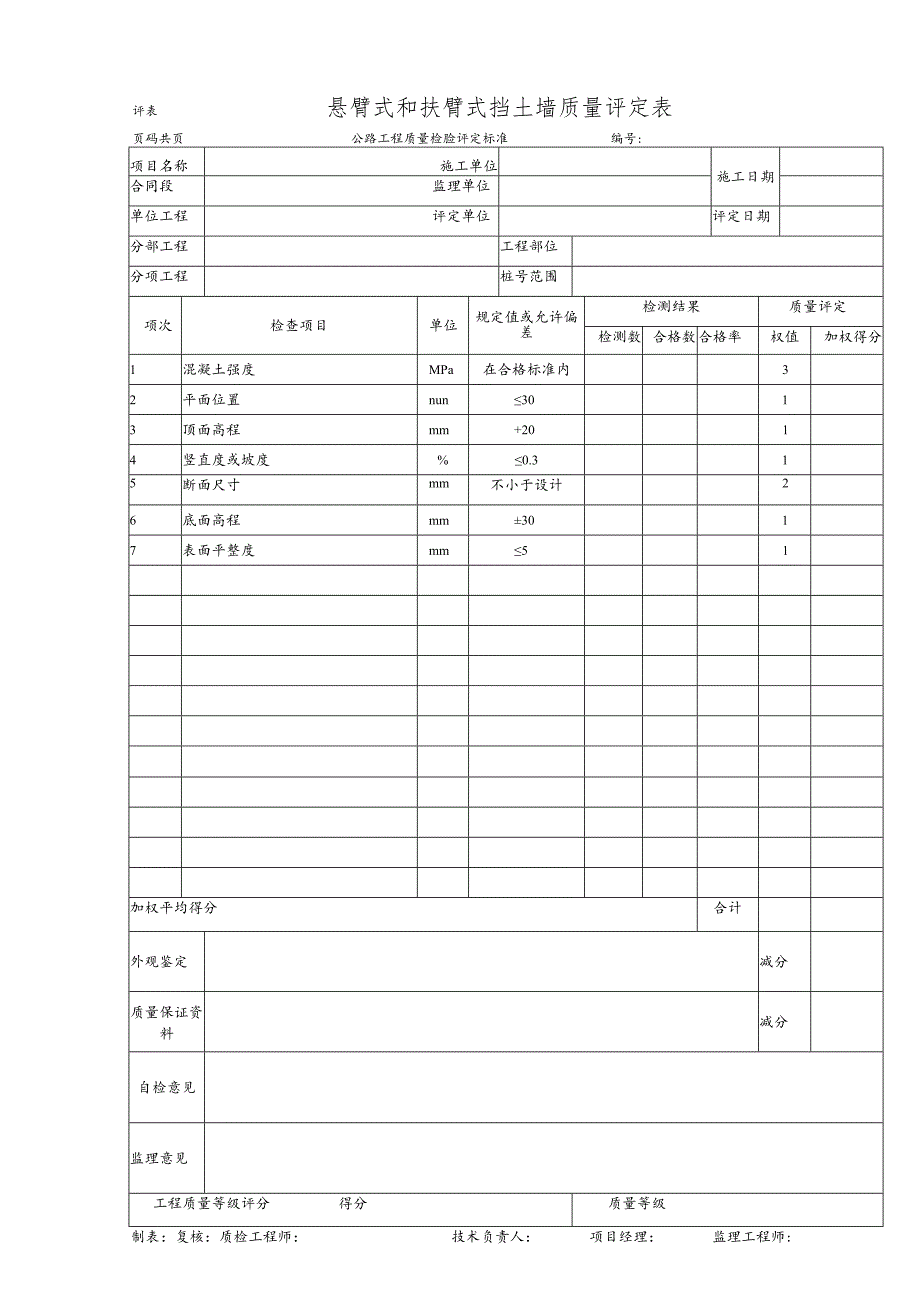 悬臂式和扶臂式挡土墙质量评定表.docx_第1页