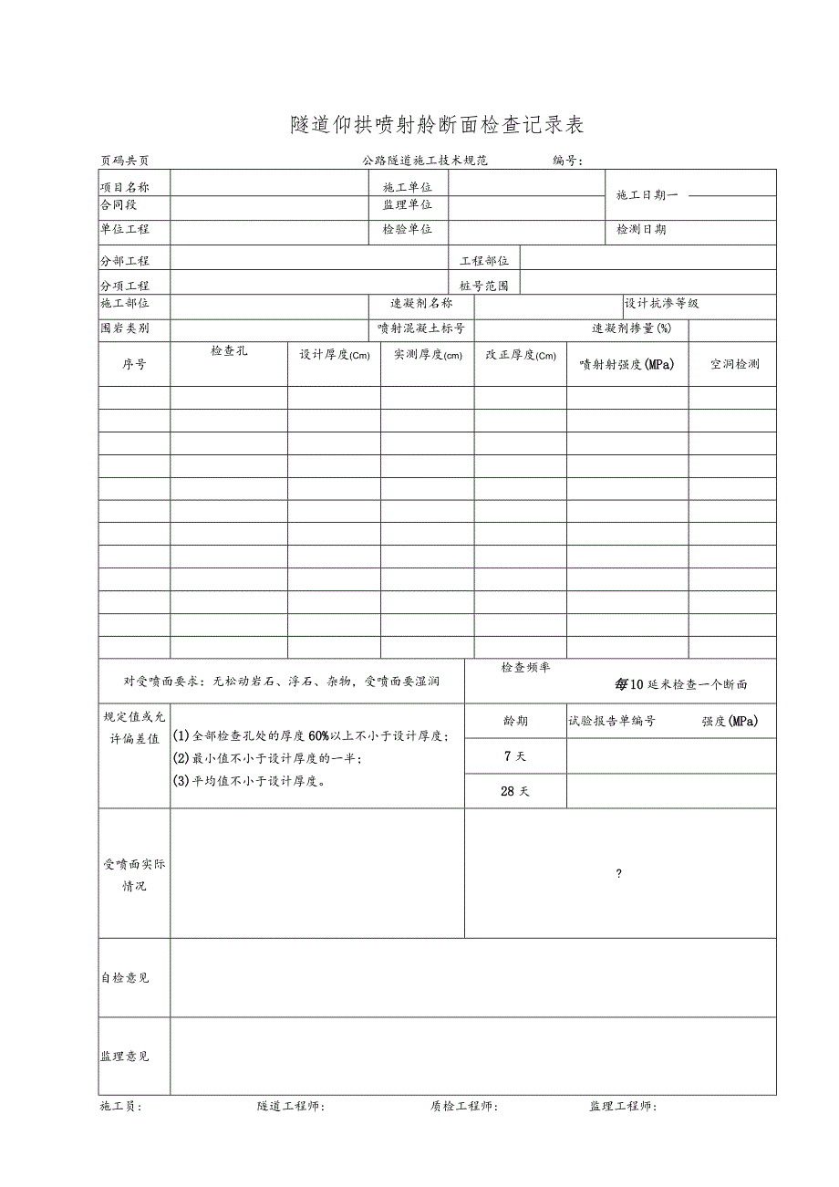 隧道仰拱喷射砼断面检查记录表.docx_第1页