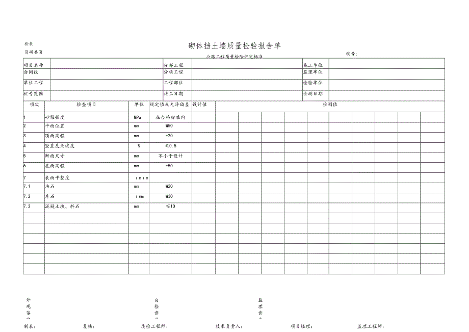 砌体挡土墙质量检验报告单.docx_第1页