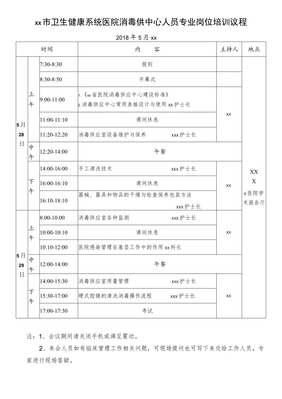 xx市卫生健康系统医院消毒供中心人员专业岗位培训议程.docx_第1页