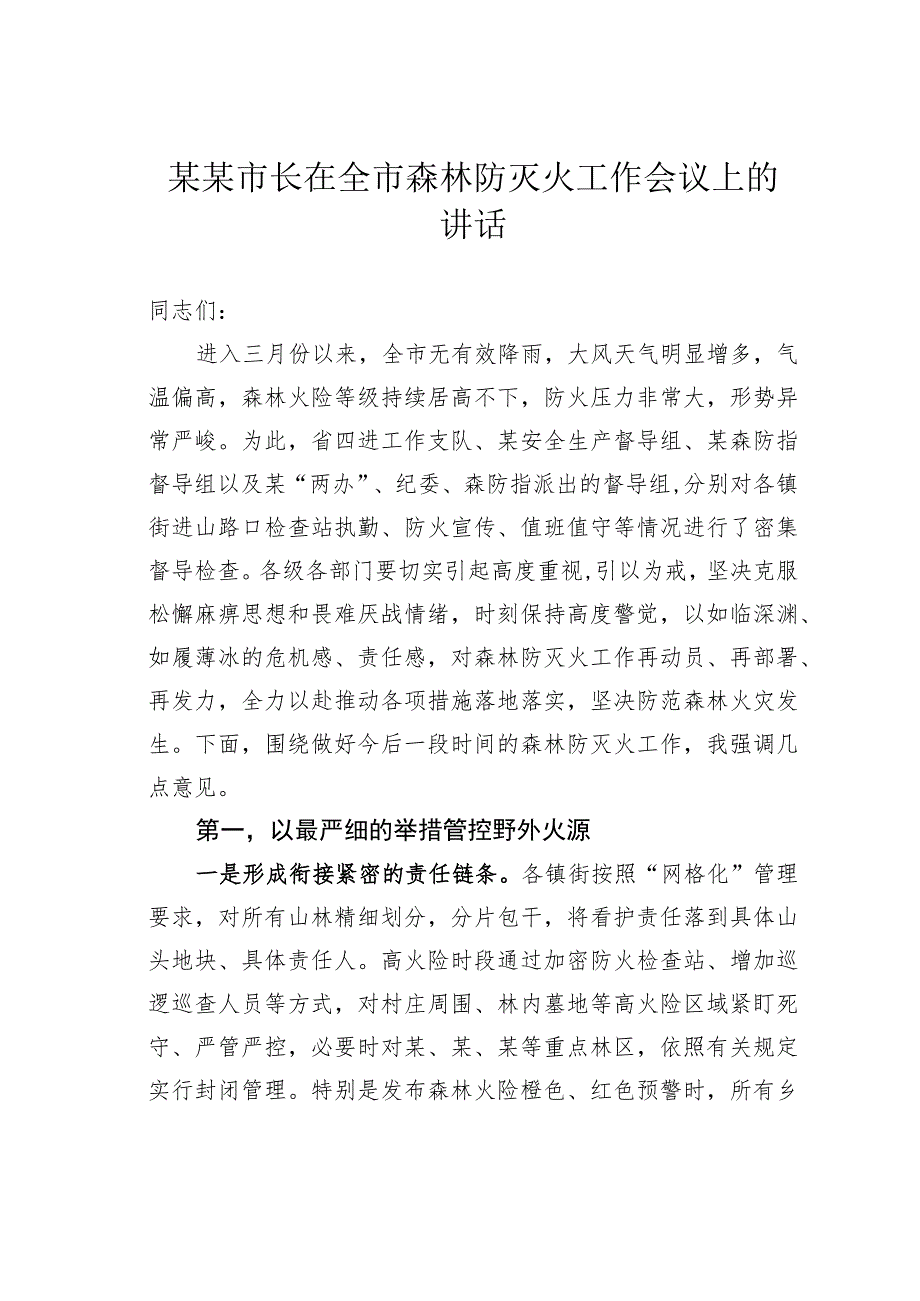 某某市长在全市森林防灭火工作会议上的讲话.docx_第1页