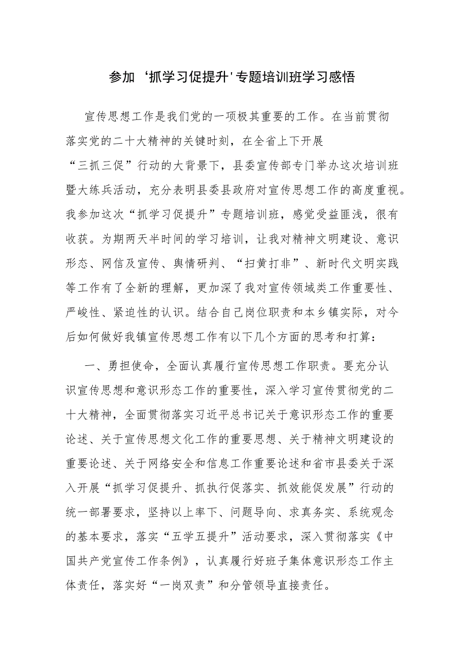 2023年参加“抓学习促提升”专题培训班学习感悟范文2篇.docx_第1页