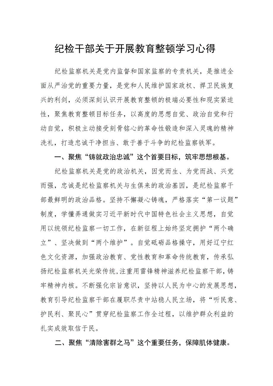 纪检干部关于开展教育整顿学习心得.docx_第1页