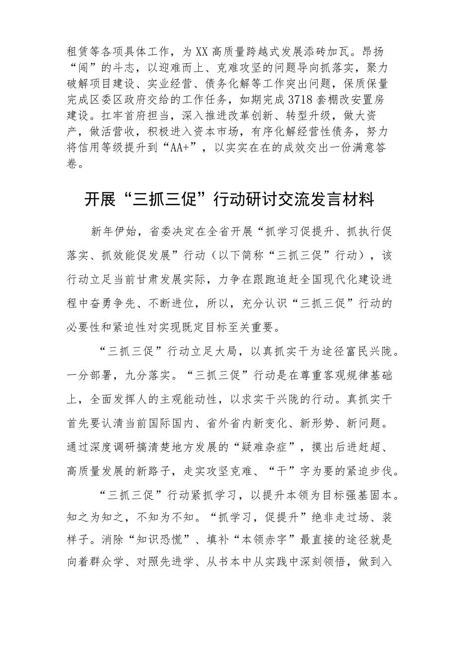 2023年全面开展抓学习促提升、抓执行促落实、抓效能促发展“三抓三促”行动研讨心得发言材料范文(参考三篇).docx_第2页