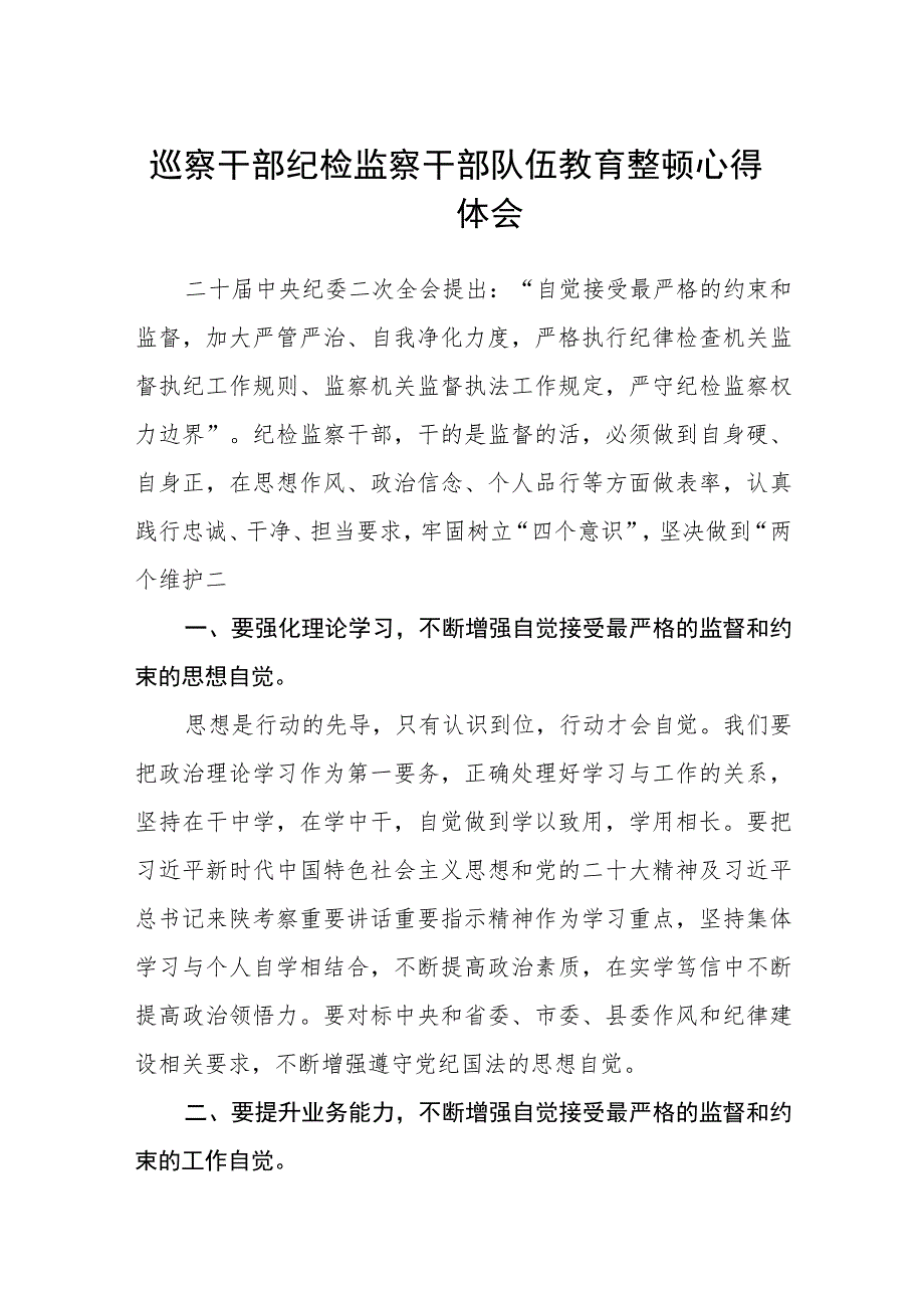 巡察干部纪检监察干部队伍教育整顿心得体会（三篇).docx_第1页