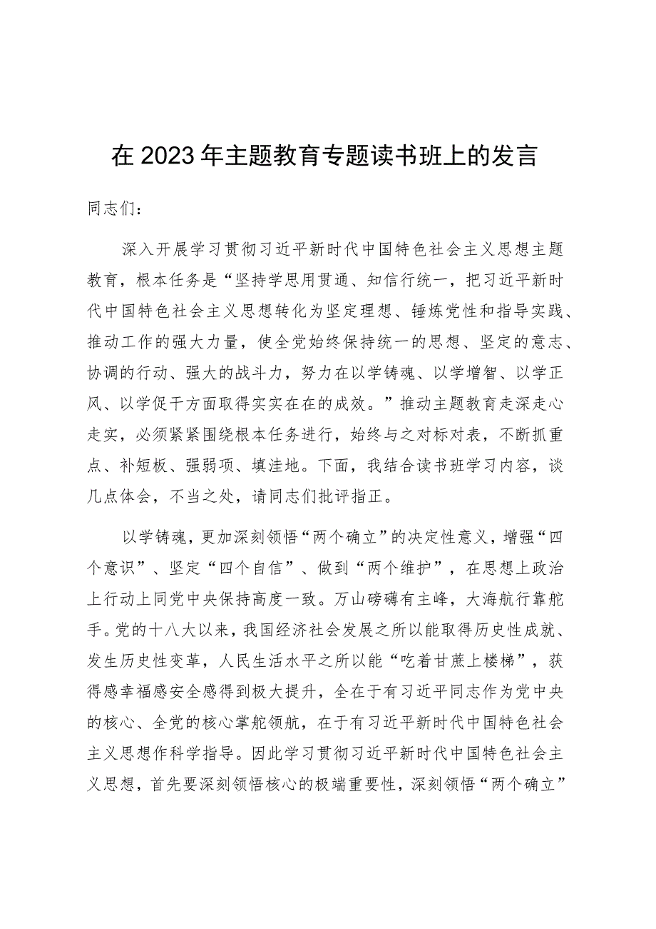 在2023年主题教育专题读书班上的发言.docx_第1页