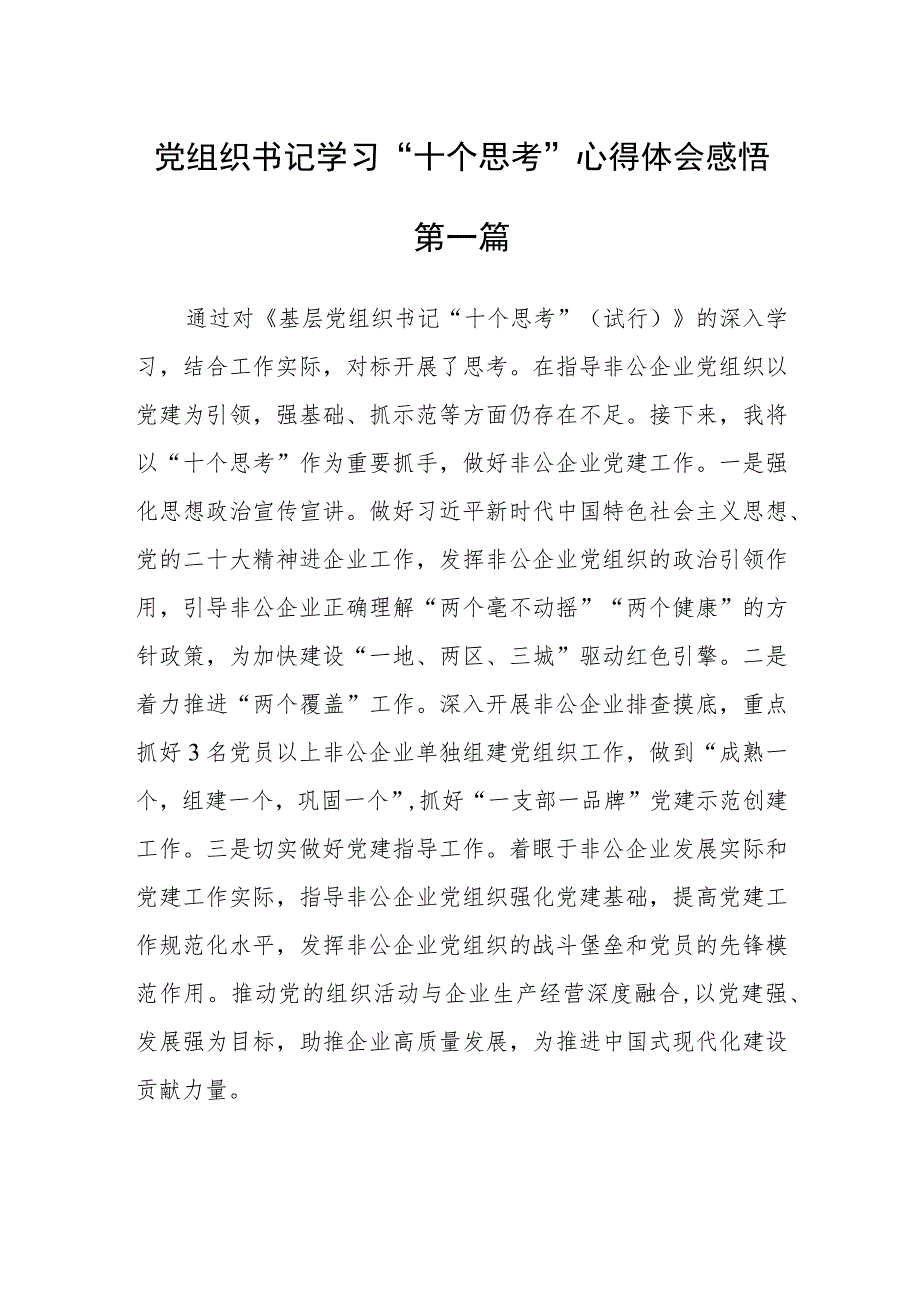 党组织书记学习“十个思考”心得体会感悟(五篇).docx_第1页