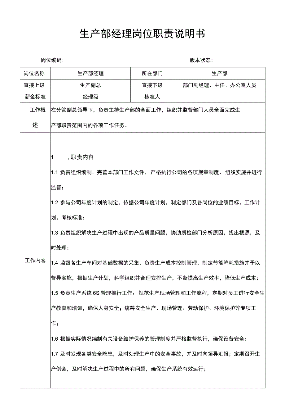 生产部经理岗位职责说明书.docx_第1页