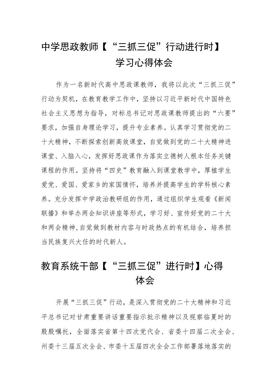 （共三篇）中学思政教师【“三抓三促”行动进行时】学习心得体会.docx_第1页