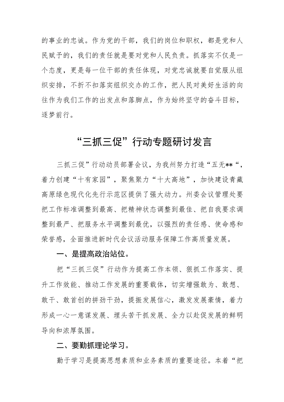 开展抓学习促提升、抓执行促落实、抓效能促发展“三抓三促”行动研讨心得发言材料范文(参考三篇).docx_第3页