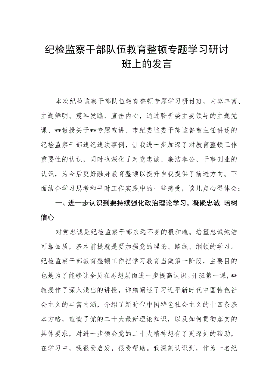 纪检监察干部队伍教育整顿专题学习研讨班上的发言【精选三篇】.docx_第1页