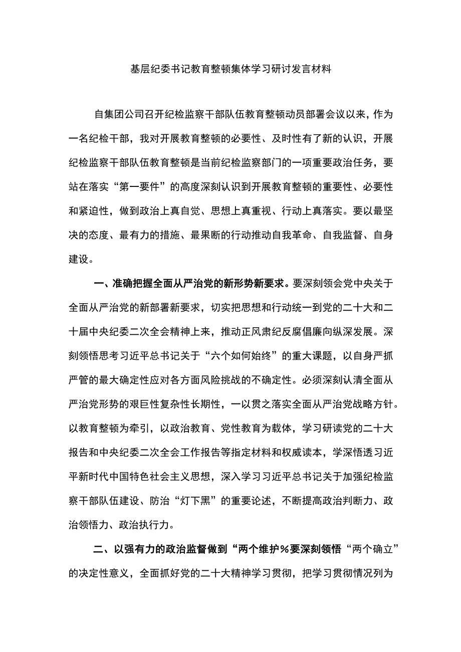 基层纪委书记教育整顿集体学习研讨发言材料3.docx_第1页