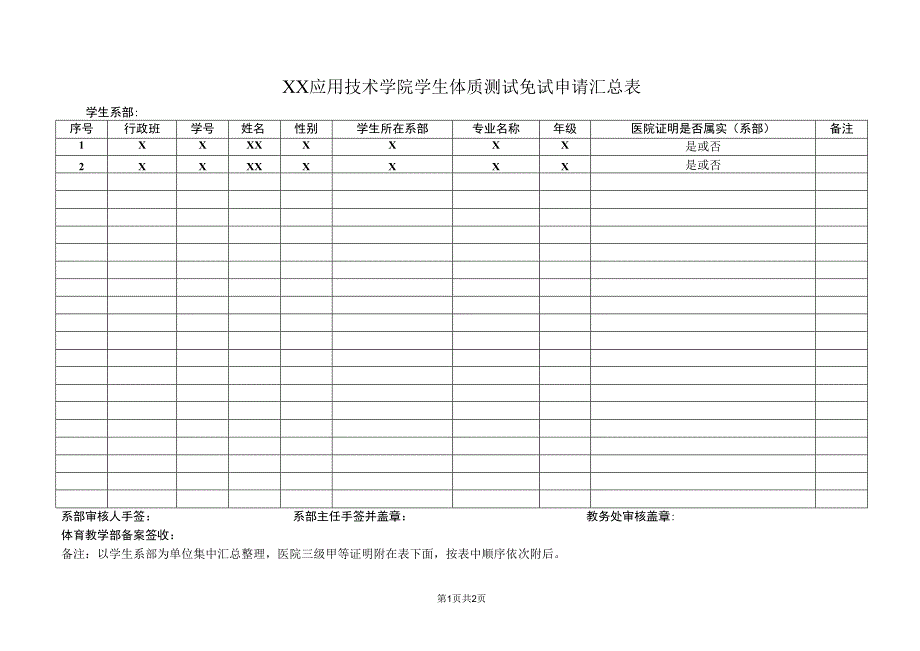 XX应用技术学院学生体质测试免试申请汇总表.docx_第1页