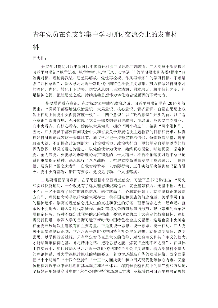 青年党员在党支部集中学习研讨交流会上的发言材料.docx_第1页