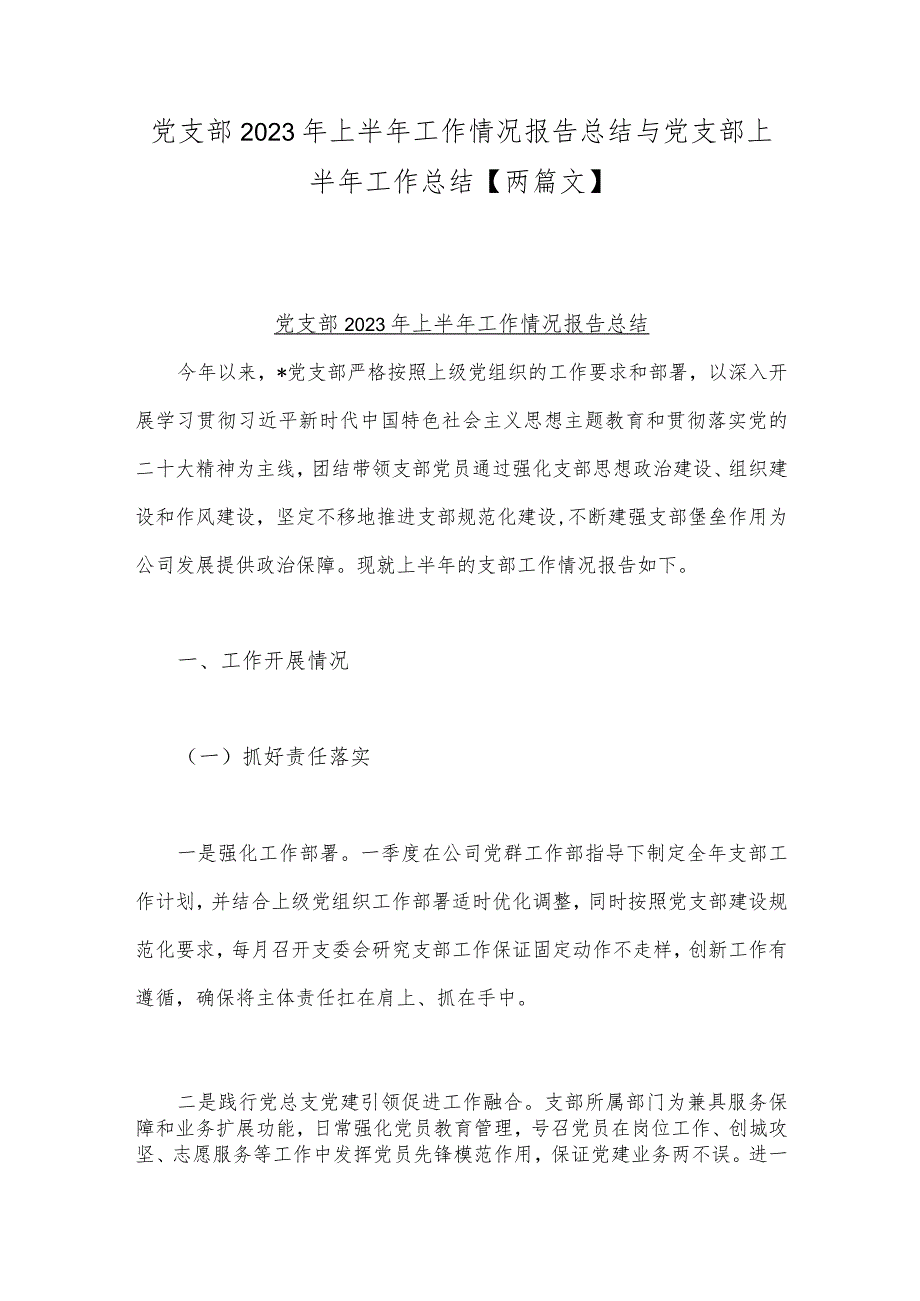 党支部2023年上半年工作情况报告总结与党支部上半年工作总结【两篇文】.docx_第1页