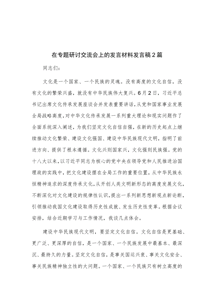 在专题研讨交流会上的发言材料发言稿2篇.docx_第1页