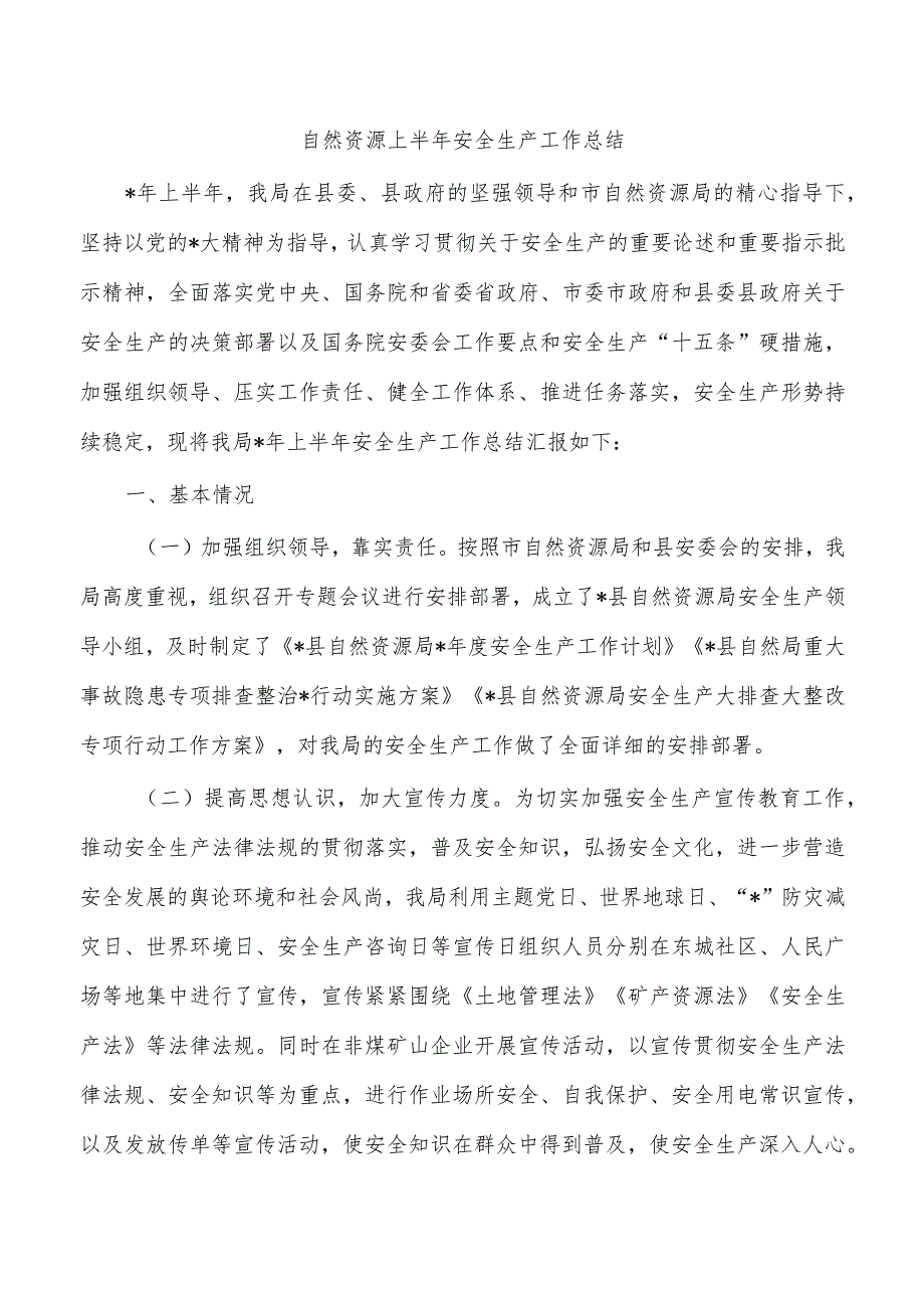 自然资源上半年安全生产工作总结.docx_第1页