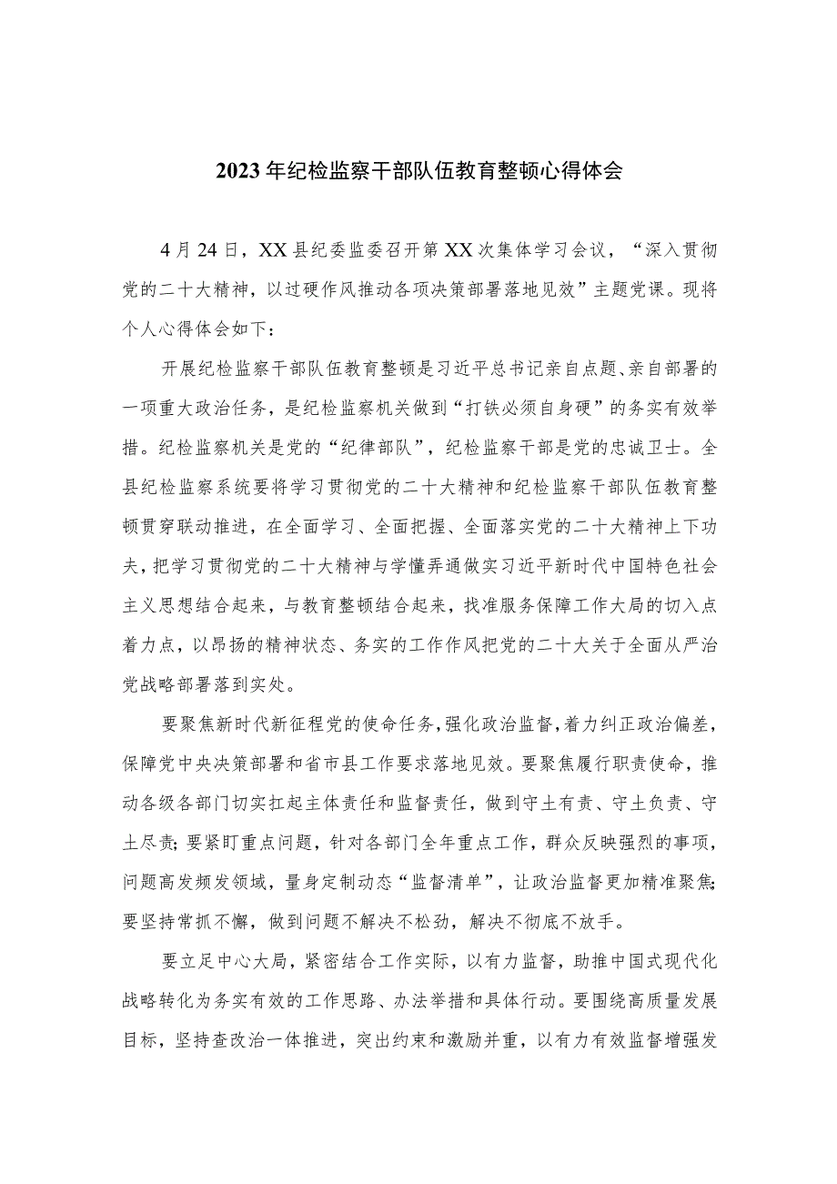 2023年纪检监察干部队伍教育整顿心得体会范文精选10篇.docx_第1页