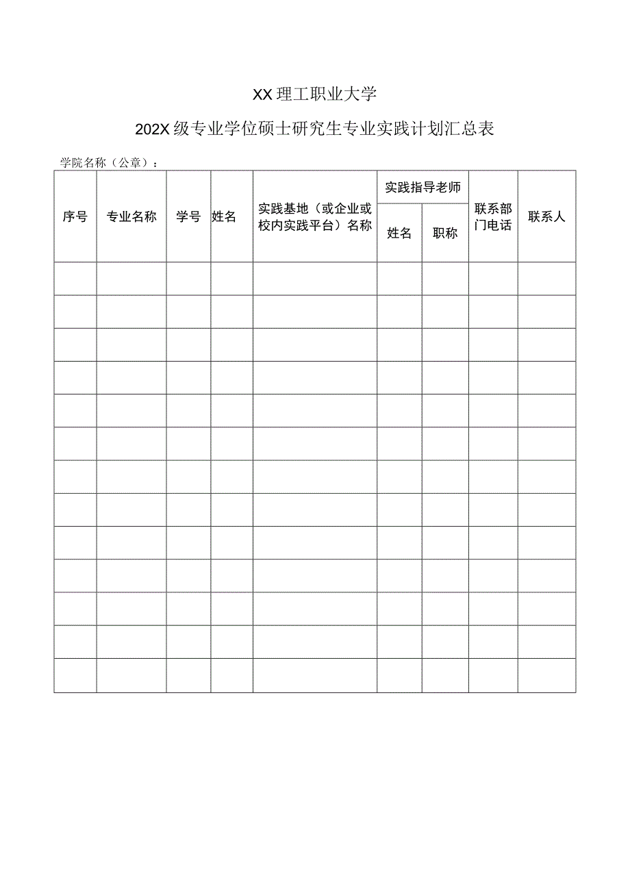 XX理工职业大学202X级专业学位硕士研究生专业实践计划汇总表.docx_第1页