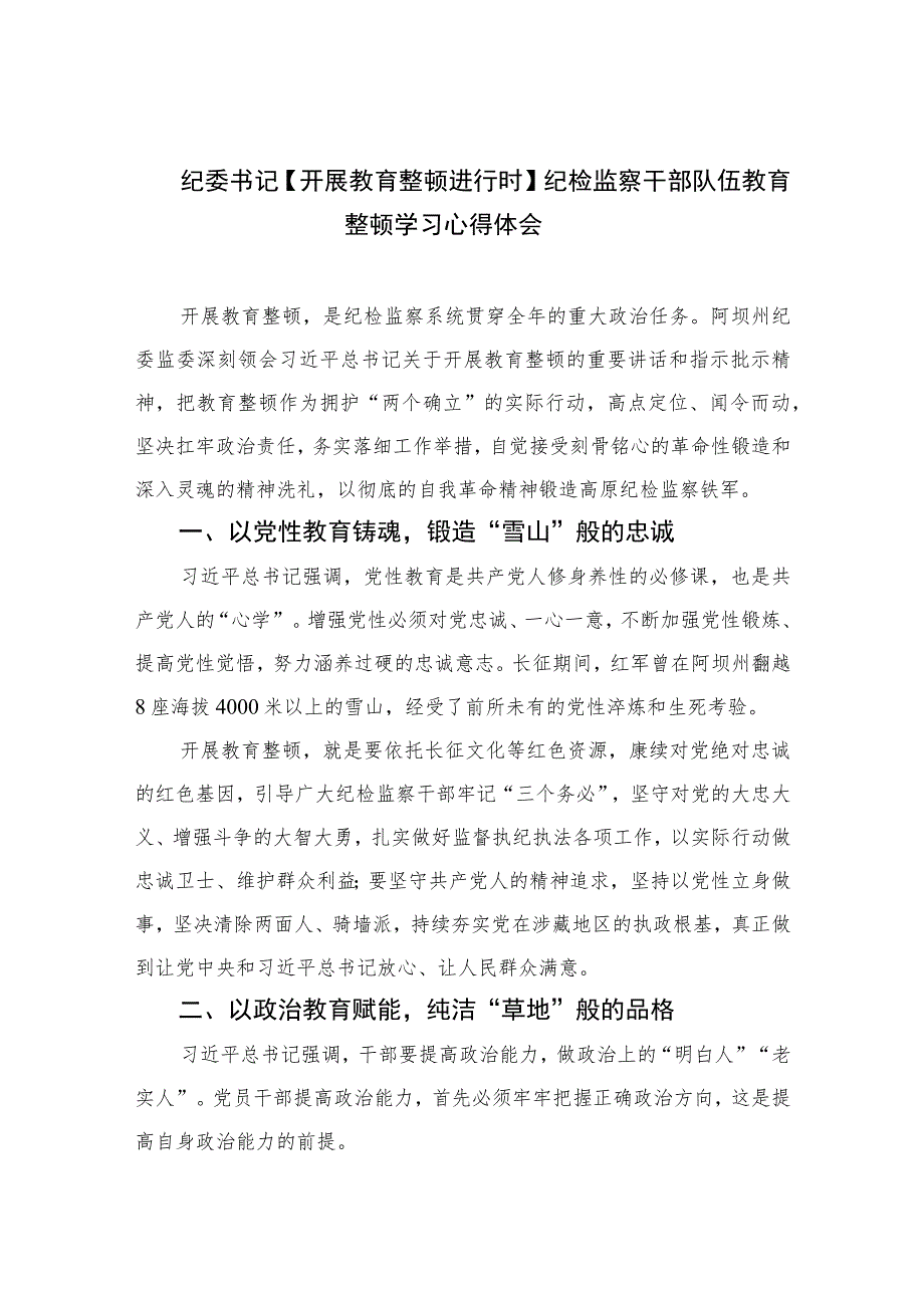 2023纪委书记【开展教育整顿进行时】纪检监察干部队伍教育整顿学习心得体会最新精选版【10篇】范文.docx_第1页